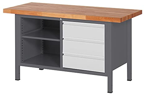 STIER Höhenverstellbare Werkbank Premium mit 3 Schubladen und einem offenen Fach BxTxH 1500x700x840-1040mm
