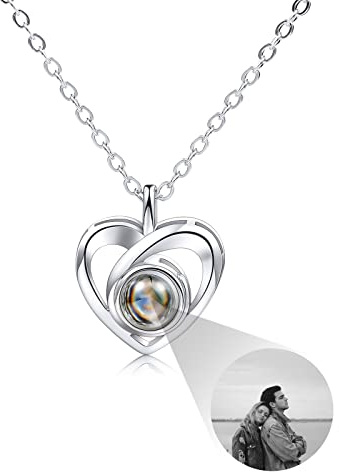 INBLUE Colgante con Imagen de Proyección Personalizada Collar de Plata de Ley 925 Colgante En Forma de Corazón Cumpleaños Para Ella / Mujer / Novia / Joyería Para Mamá