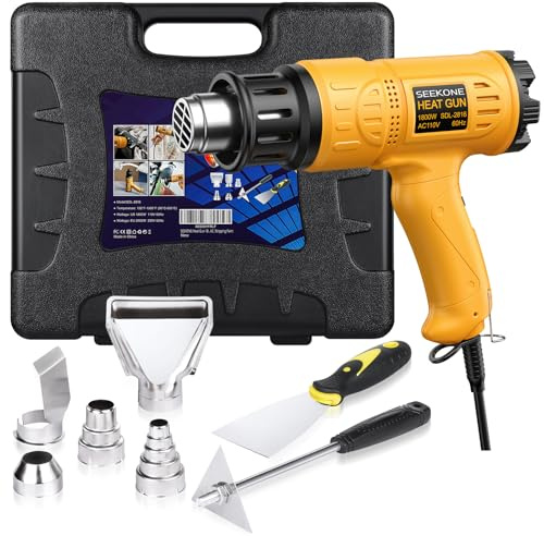 SEEKONE Heat Gun 1800W Heavy Duty Hot Air Gun Kit With Carry Case Variable Temperature Control 122℉-1112℉（50℃- 600℃） Overload Protection with 4 Nozzles for Crafts, Shrinking PVC, Stripping Paint