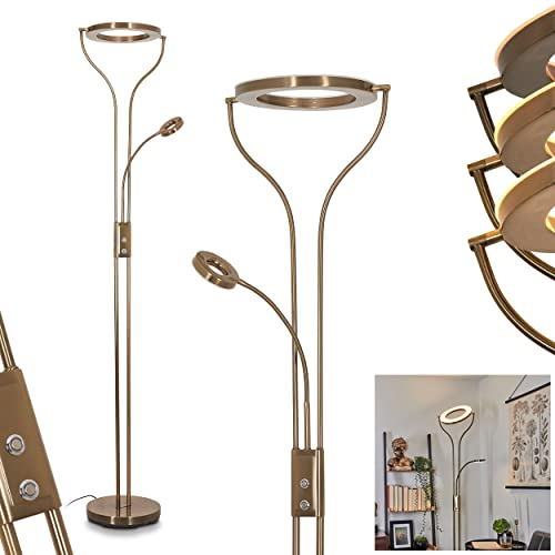 LED Stehleuchte Cavate aus Metall/Glas in Altmessing/Weiß, Stehlampe m. Dimmer u. An-/Ausschalter am Gehäuse, 24 Watt/5 Watt, 2320 Lumen (insg.), 3000 Kelvin, Deckenfluter m. verstellbarem Lesearm