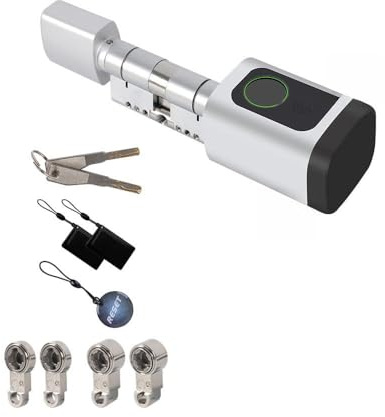 zemismart BLE Smart Türschloss Zylinderschloss Elektronisches Schloss,Passwortsperre/Fingerabdruck/IC/Schlüssel/Tuya APP Entriegelnfür,Schließzilinder Länge einstellbar(Silber 60-90mm)