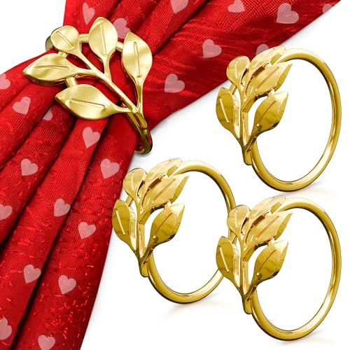 Gold Napkin Rings Set of 12, Leaf Design Metal Holders for Dining Use