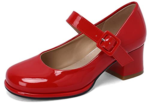 Lizoleor Mary Janes Talon Carré Plateforme Bout Rond Bride Cheville pour Femme De Mariée Fête Confortable Robe Vernis Rouge Taille 39 EU/40CN