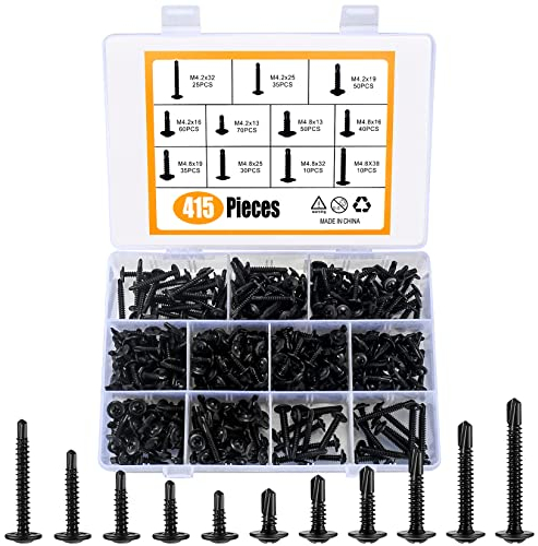 Phillips Head Self Tapping Screws, 415 Pcs M4.2 M4.8 Wafer Head Self Drilling Screws, Black Sheet Metal, Assorted for Wood Drywall Metal Plastic Sheet