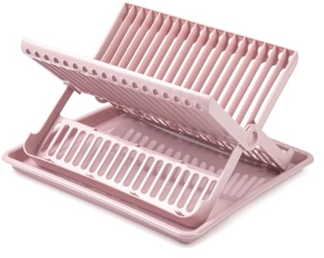 CABLEPELADO Escurreplatos Plegable de Plástico con Bandeja, Soporte para Platos con Secaplatos, 37 cm de Largo, 33 cm de Fondo y 21 cm de Alto, Rosa