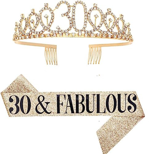 Dimetey Königin Geburtstags Diadem Set mit Strasssteinen – 21. 30. 40. 50. 60. Geburtstag, Schärpe für Damen, Partyzubehör (Gold 30th)