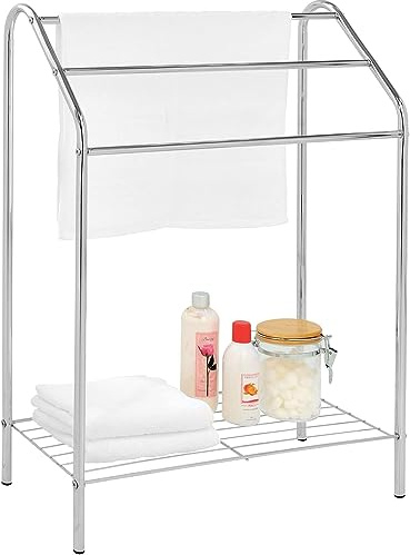 Freestanding Towel Rack With Bottom Shelf (Silver)