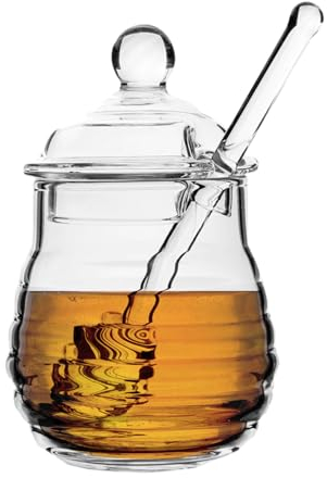 Xocome Vaso di Miele in Vetro Con Coperchio e Cucchiaio, Barattolo per Servire Miele e Sciroppo, 9,5 Unces (280 ml)