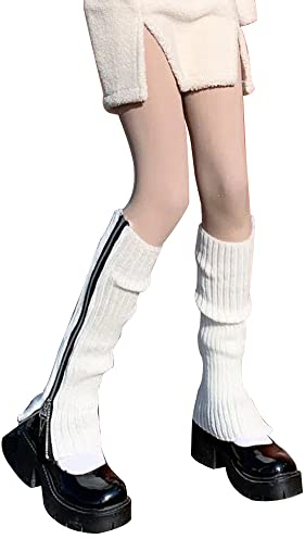 QKEPCY Stulpen Damen Bein Stulpen Seitlicher Reißverschluss warme Beinstulpen Strick-Stulpe Beinwarmer Gestrickte Winter Gestrickt Beinwärmer Socken Legwarmers Kniewärmer Boot Abdeckung (Weiß)