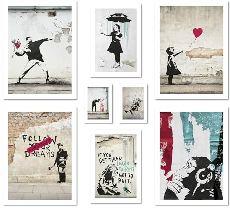 ARTFAVES® Poster Set - BANKSY STREET ART - mehrteilige Wanddeko Wohnzimmer - 8 moderne Wandbilder Collage, Girl Balloon, Flower Thrower, Umbrella - ohne Bilderrahmen
