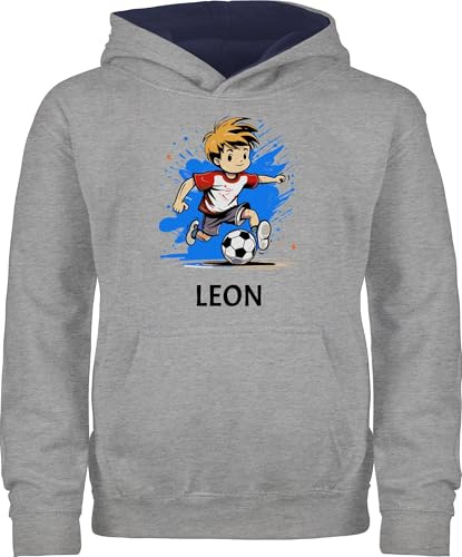 Pullover Hoodie Jungen Mädchen - Fußball Junge Fußballer Geschenk Kinder Name - 116 (5/6 Jahre) - Grau meliert/Navy Blau - fußballpullover Geschenke+für+fußballfans Fussball Hoodies Hoodi