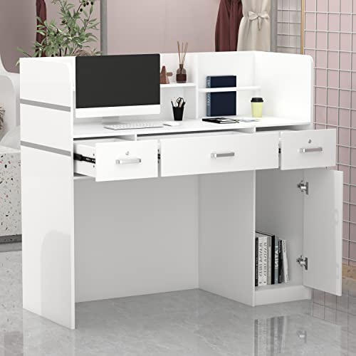Mesa de Oficina, Mueble Recepción, Mostradores de Recepción Grandes, Mostrador Basic, con 3 Cajones, Mostradores para Tiendas, Disponible, Pantalla de Privacidad, Blanco, MDF, 110 x 120 x 50 CM