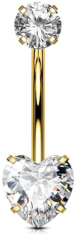 OUFER Body Piercing Internally Bauchnabelpiercings 10/12/14/16mm Gold Titan 14G Belly Piercing Double Heart Nabelpiercings Clear CZ Belly Button Bars Belly 1.6mm Navel Bars Navel Piercing Jewellery