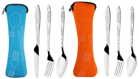 JRYXDS 3 Stück Bestecktasche Reisebesteck Camping Besteck Edelstahl Portable Waschbar Edelstahl Besteckset Mit Löffel Gabel Messer (Himmelblau, Orange)