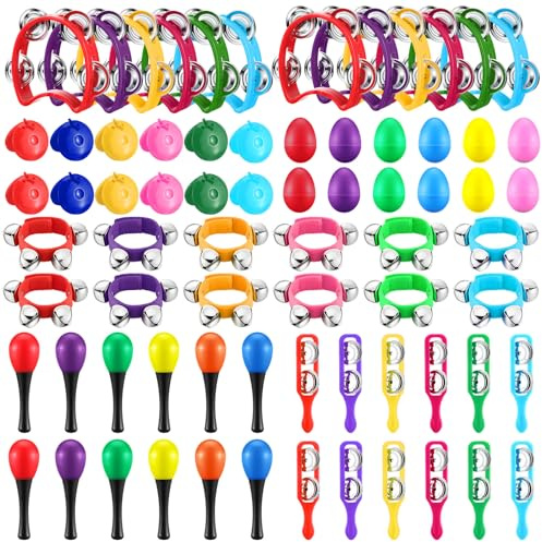 Silipull 72 Pcs Shaker Musical Instruments Set for Kids Early Music Learning Toy Bulk Egg Shaker Wrist Hand Band Bells Maracas Percussion Tambourine Cymbals Plastic Castanets for Preschool
