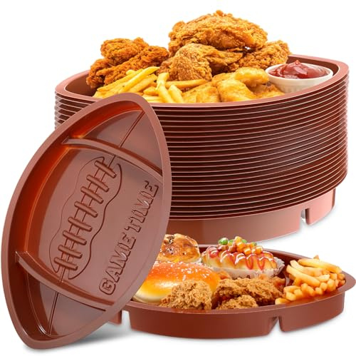 Wiwiqing 24 Pcs Football Serving Trays, Large 13.4 x 8.5 Inch Plastic Football Snack Thick Trays, Includes 2 Dip Sections, Tailgate Party Serveware Decorations