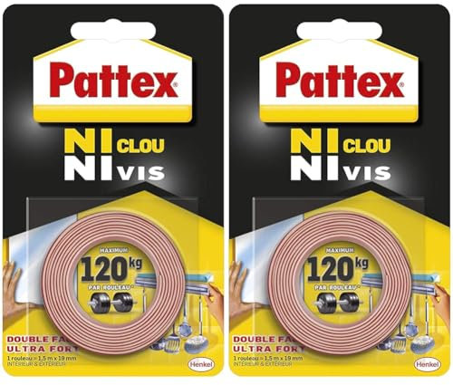 Pattex Ni Clou Ni Vis | Ruban adhésif double face ultra fort (rouleau de 1,5 m x 19 mm) – Adhésif de montage pour intérieur & extérieur – Maximum 120 kg par rouleau (Lot de 2)