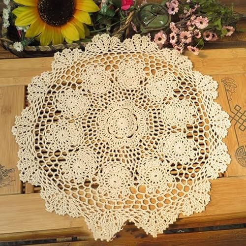 Tovaglietta all'uncinetto fatta a mano a forma di fiore, tappetino rotondo in stile retrò, centrini in cotone beige, perfetti per tavolo da pranzo