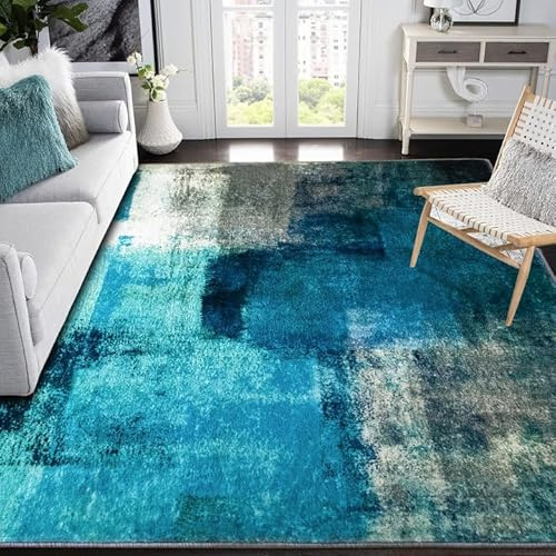 TYJDTYR Rug Living Room Large 160x230cm Modern Distressed Abstract Rugs for Bedroom Easy Care Non Slip Non Shedding Blue Grey.