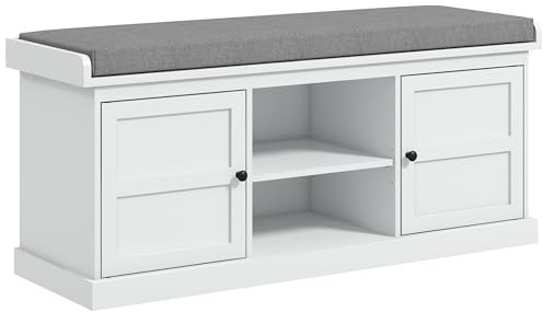 HOMCOM Shoe Bench with Cushion, Storage Bench for Entryway with Padded Seat, 2 Cabinets and Adjustable Shelf for Hallway, Living Room, Bedroom, White
