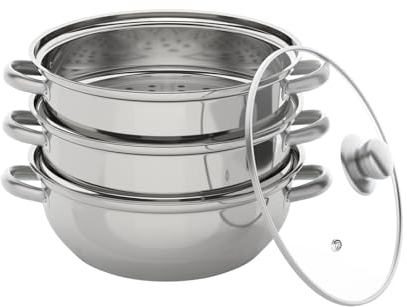 TESUGN 3 Etagen Edelstahl Dampfkocher, Edelstahl Kochtopf Mit Glasdeckel Vielseitigkeit Küchenutensil, Stack and Steam Pot Set Suppentopf Bio Dampfgarer Heim Küchenherd für Induktionsherd
