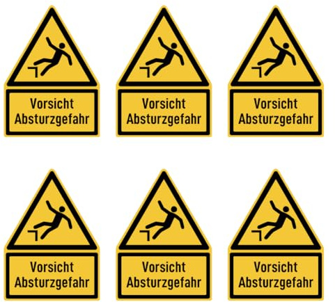 Aufkleber: 75x50 mm, 6 Stück - Vorsicht Absturzgefahr - Warnzeichen mit Text (deutsch) (gelb/schwarz) - Dreick - W008 - DIN EN ISO 7010 / ASR A1.3