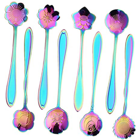 DECHOUS 8pcs Gold Cocktail Stirrers Gilded Flower Shape Stirring Spoon Bar Mixing Spoon Stainless Wine Stirrer