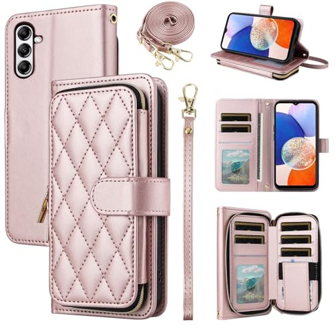 ELISORLI Wallet Case for Samsung Galaxy A34 5G with Detachable Wrist Strap,Crossbody Shoulder Strap,9+ Card Slots Zipper Purse,Luxury PU Leather Stand Cell Phone Cover for A 34 34A Girls Women Pink
