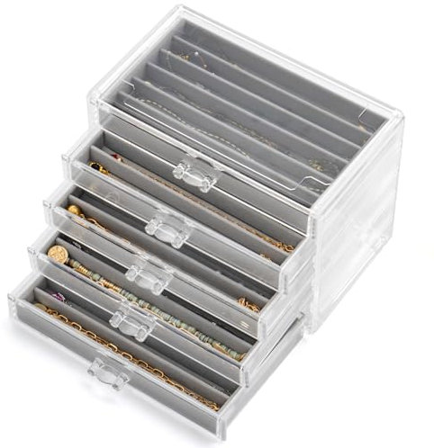 Necklace Organizer Box with 5 Drawers 30 Compartments, Dustproof Velvet Necklace Display Tray, Acrylic Necklaces Display Case, Pendant Chains Necklace Storage Tray Gift for Women and Girls (Grey)