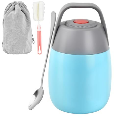 450ml Thermobehälter für Essen, Thermobecher mit Strohhalm, Auslaufsicher Doppelwandig Warmhaltebehälter mit Beutel Bürste Löffel, Lunchbox Edelstahl, Thermoskanne Suppen, 6-12 h Heiß Kalt (Blau)