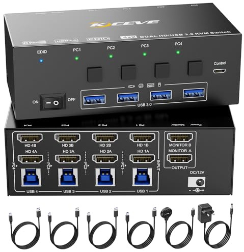 KVM Switch 4 Computer 2 Monitore, KCEVE 8K@60Hz, 4K@144 Hz USB 3.0 HDMI KVM-Umschalter mit EDID-Emulator für 4PC Share Maus Tastatur und Monitor, stabiler Chip, hohe Kompatibilität