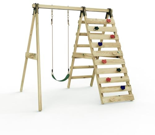 Rebo Glide Wooden Single Swing Set with Climbing Wall and Swing Seat – Lavender (Dark Green Belt Swing) | OutdoorToys | Kids Outdoor Wooden Play Equipment for Gardens, Frame & Accessories Included