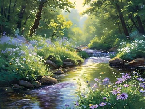 Malen Nach Zahlen Erwachsene Creek Blume Malen Nach Zahlen Kinder mit 3-Pinseln und Acrylfarbe Diy Set, Paint by Numbers Adult Leinwand Handgemalt öLgemäLde Kit Als Geschen Ohne Rahmen 35x25cm s-11664