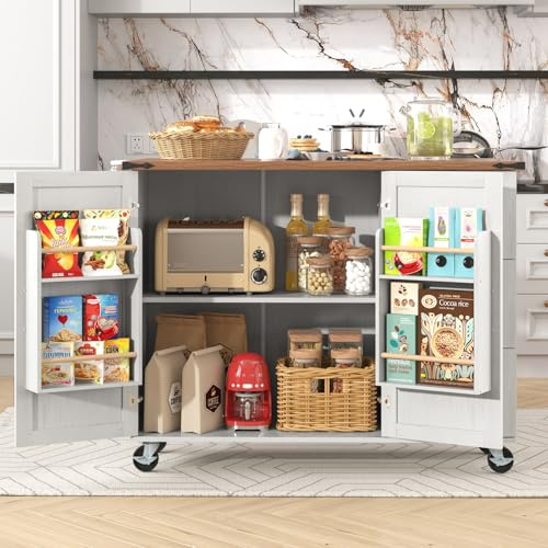 DRIXNO Kücheninsel, Servierwagen mit ausziehbarer Arbeitsplatte, Küchenschrank,Küchentrolley,Speisewagen mit Holzmaserung, Speisewagen mit Zwei Türen und DREI Schubladen