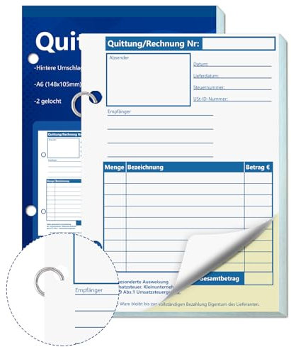 1 Stück A6 Quittungsblock Durchschreibend Rechnungsblock Kleinunternehmer 2 x 50 Blatt gelocht für Kleinunternehmer Vereine Selbständige