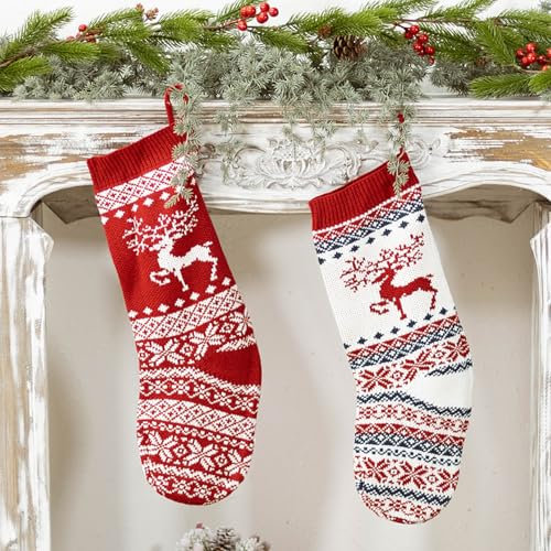 2Stück Weihnachtsstrümpfe Nikolausstrümpfe,Gestrickt Weihnachtsstrumpf Personalisiert,Weihnachtsstrumpf zum Befüllen Hängende Kamin,48cm Groß Weihnachtsstrümpfe Dekoration,für Weihnachten Familie Deko