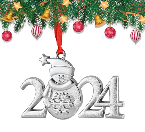 Weihnachtsschmuck 2024, jährlich 2024, Schneemann, Weihnachtsbaumschmuck, Silber, Andenken, Ornament 2024, datiertes Ornament für Weihnachtsdekorationen, Feiertage, dekorative
