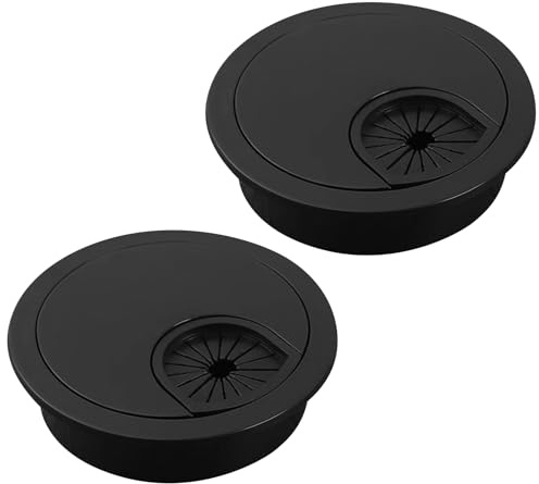 60mm Black Desk Cable Grommet Cover 2Pcs Alloy Round Desk Table Grommet | Rust-free Adjustable Center Hole Organizer Cable Tidies Desk Wire Hole Cover for Management of Office & Computer Desk