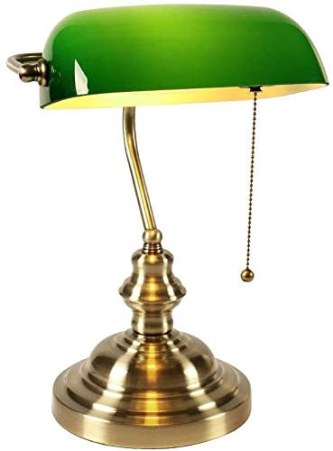 Lampe de bureau de banquier vert émeraude avec abat-jour en verre et interrupteur à chaîne, finition laiton satiné