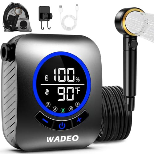 WADEO Ducha portátil para camping, ducha al aire libre mejorada con pantalla Fahrenheit y bomba de batería recargable de 8000 mAh, IPX7, impermeable para campamento, senderismo