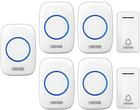 Kit de sonnette sans fil avec 2 boutons poussoirs et 5 récepteurs, étanche IP44, carillon électrique longue portée, pour la maison, l'école, le bureau, pas de batterie nécessaire, blanc