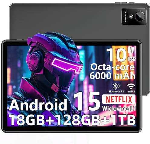 Raemond Tablet 10 inch Android 15 Tablets, 18GB RAM 128GB ROM 1TB Expand, Octa-Core Processor, 1280x800 IPS Widevine L1, WiFi 6, 8MP+5MP Dual Camera, BT5.4, 6000mAh, GPS, Type-C Fast Charging