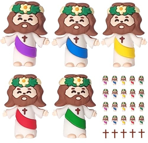 KIDHABE 25 Pcs Small Jesus Figurines Set with 5 Wooden Crosses, Original Design Mini Rubber Jesus, Miniature Figurines Jesus to Hide and Seek Christian Gifts, Easter Egg Fillers, Religious Decor