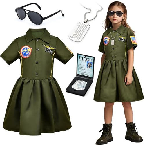 Tacobear Disfraz Piloto Niñas Traje Aviador con Gafas de Sol Collar Vestido de Piloto Uniforme Disfraz para Halloween Carnaval Cosplay (Verde Militar, 140, 8-9 Años)