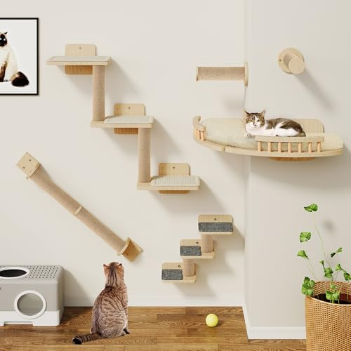 YITAHOME Cat Climbing Wall Set Made of Wood, 7 Pcs Sturdy Furniture with Scratching Posts, Corner Platform, Stair Climbers, and Cat Bed for Cats Sleeping, Playing, and Lounging