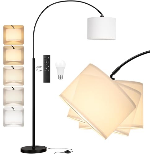 PreeOtti Lampadaire sur Pied Salon, LED E27 Lampe a Pied avec Télécommande, Lampadaire Arc Vintage, 3000K-6000K Intensité Variable pour Salon Chambre Bureau, Abat-jour Blanc et Socle Noir, 180cm