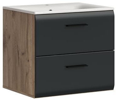 xonox.home – Waschtisch Ice 60x55x46 cm inkl. Waschbecken in Korpus Nox Oak Nachbildung und Front schwarz matt – Waschplatz in Holzoptik – platzsparend & schick