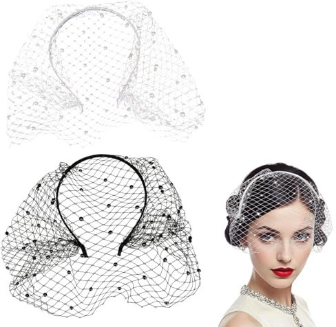 EIHI 2 Stück Halloween Mesh Schleier Stirnband, Elegant Spitze Fascinator Damen, Schleier mit Perle, Vintage1920er Jahre Kopfbedeckung für Tea Party, Kirche, Halloween,Beerdigung, Kostüm Zubehör