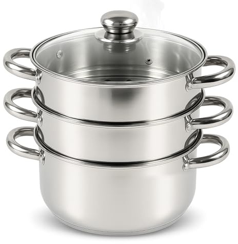 SIC 22cm 3-Tier Food Steamer – Stainless Steel Food & Vegetable Steamer with Glass Lid and Handles – Stock Pot & Pan Cookware Set for All Hob Types