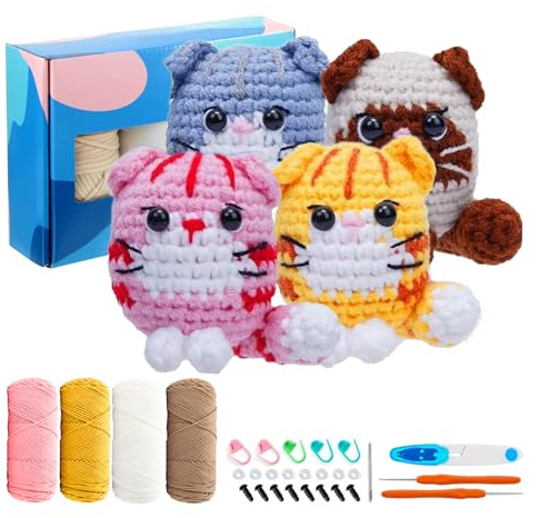 BUERPINKING Häkelset für Anfänger, Stricksets, positive Häkeltiere, Katze, Häkeln für Erwachsene und Kinder, mit Schritt-für-Schritt-Anleitungen, Strick-Starterpaket für Überraschungsgeschenk